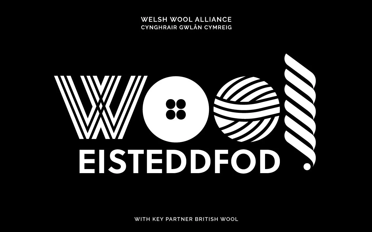 Black background with white text and graphics promoting Welsh Wool Alliance. Features stylized wool, button, and yarn illustrations. Text includes 'Welsh Wool Alliance', 'Cynghrai Gwlân Cymru', and 'With key partner British Wool'.