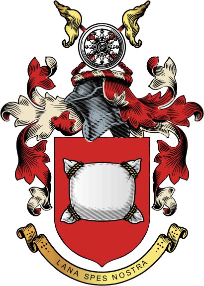 A detailed coat of arms featuring a red shield with a white pillow at the center, topped with a helmet, decorative mantling in red, white, and black, and a banner with the Latin phrase "LANA SPES NOSTRA".
