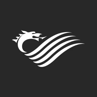 A white stylized dragon head combined with flowing wave lines on a black background.
