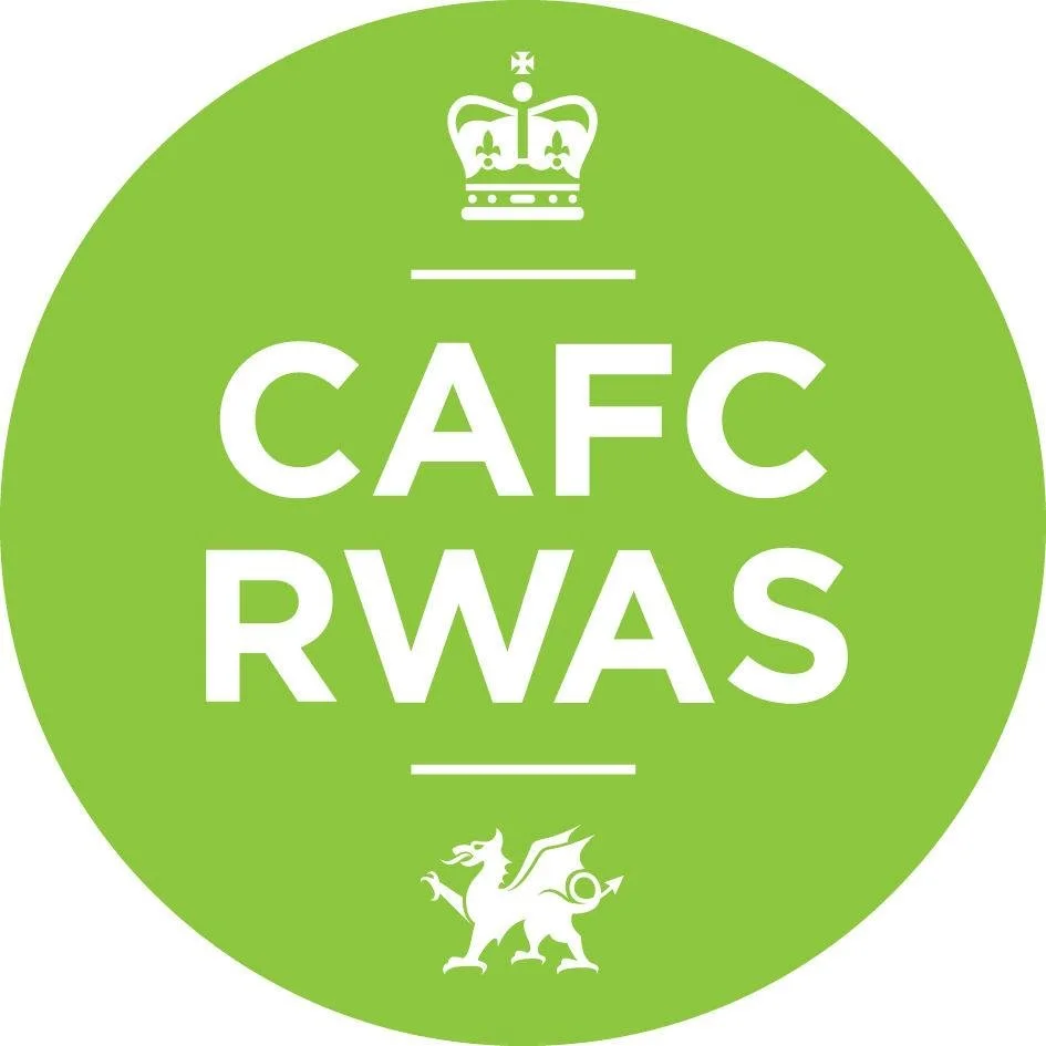 Green circular emblem with a white crown at the top and a white dragon at the bottom. The emblem contains the text 'CAFC RWAS' in bold white letters, separated by white lines.