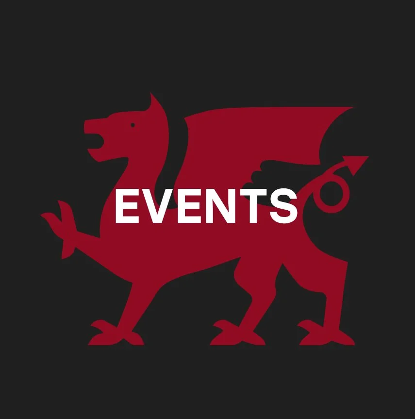 A stylized red dragon with the word 'EVENTS' in white across its body, set against a black background.