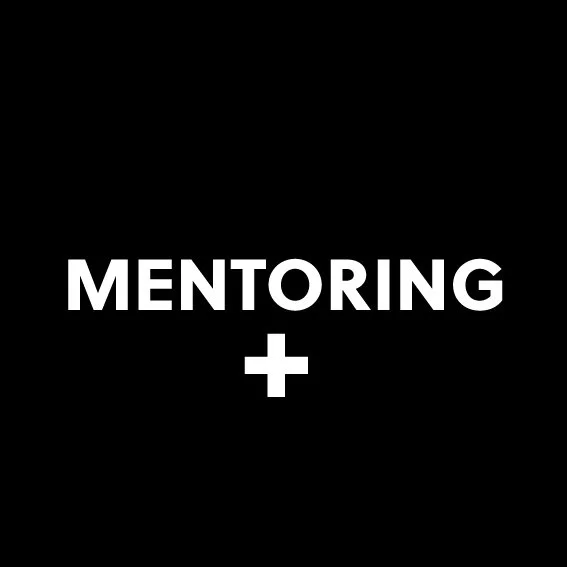 Black background with the word 'MENTORING' in bold white letters and a plus sign below.
