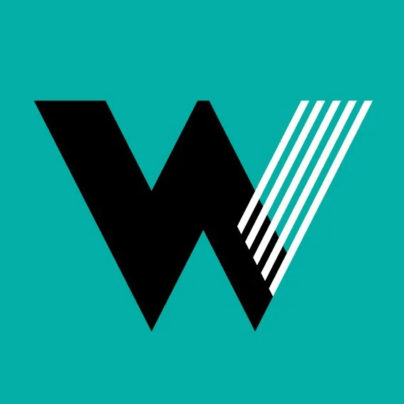 A stylized black letter W with diagonal white lines on the right side against a teal background.