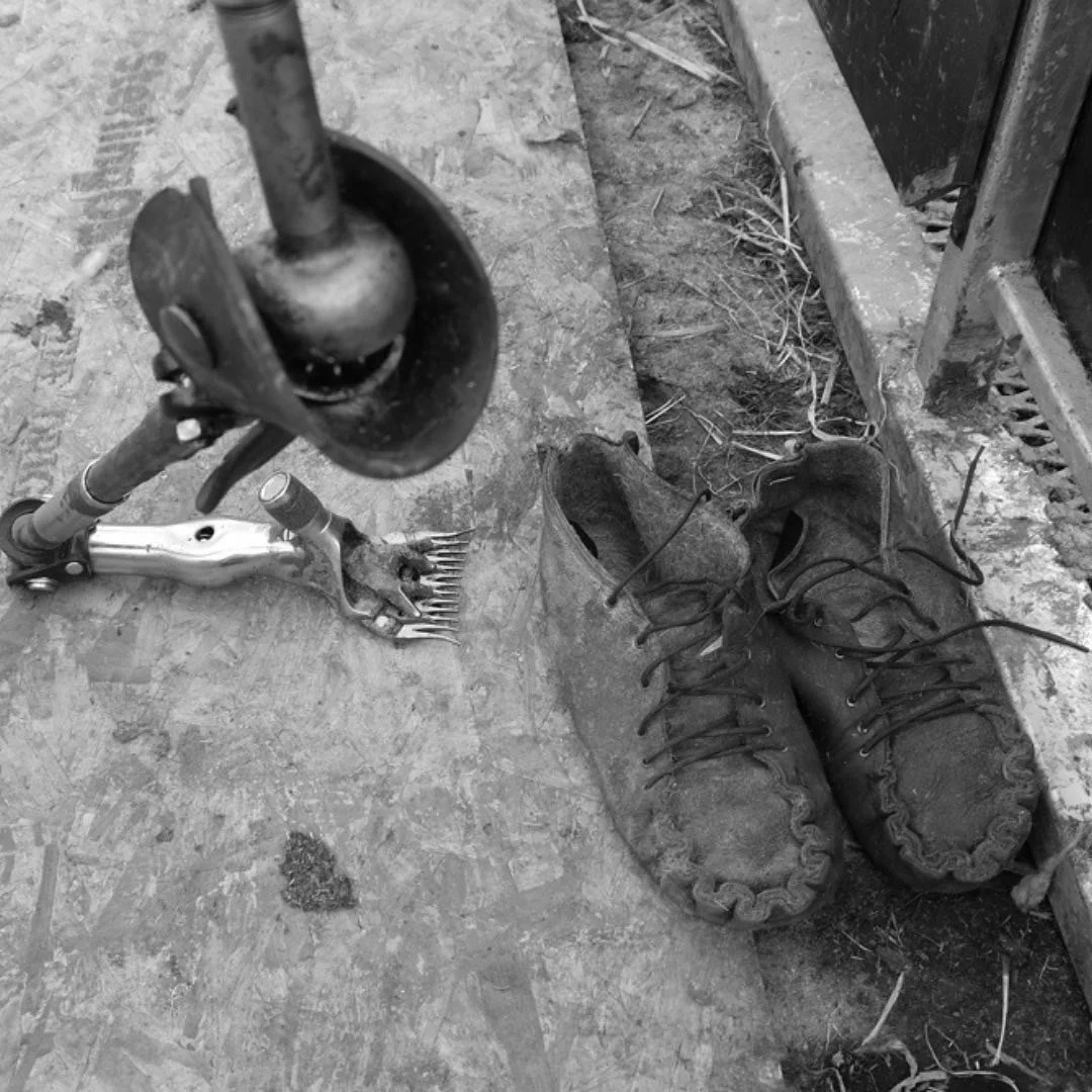 A pair of worn-out hiking boots, a brass rake, and a cane with a round handle on a dirt and plywood floor next to a door frame.