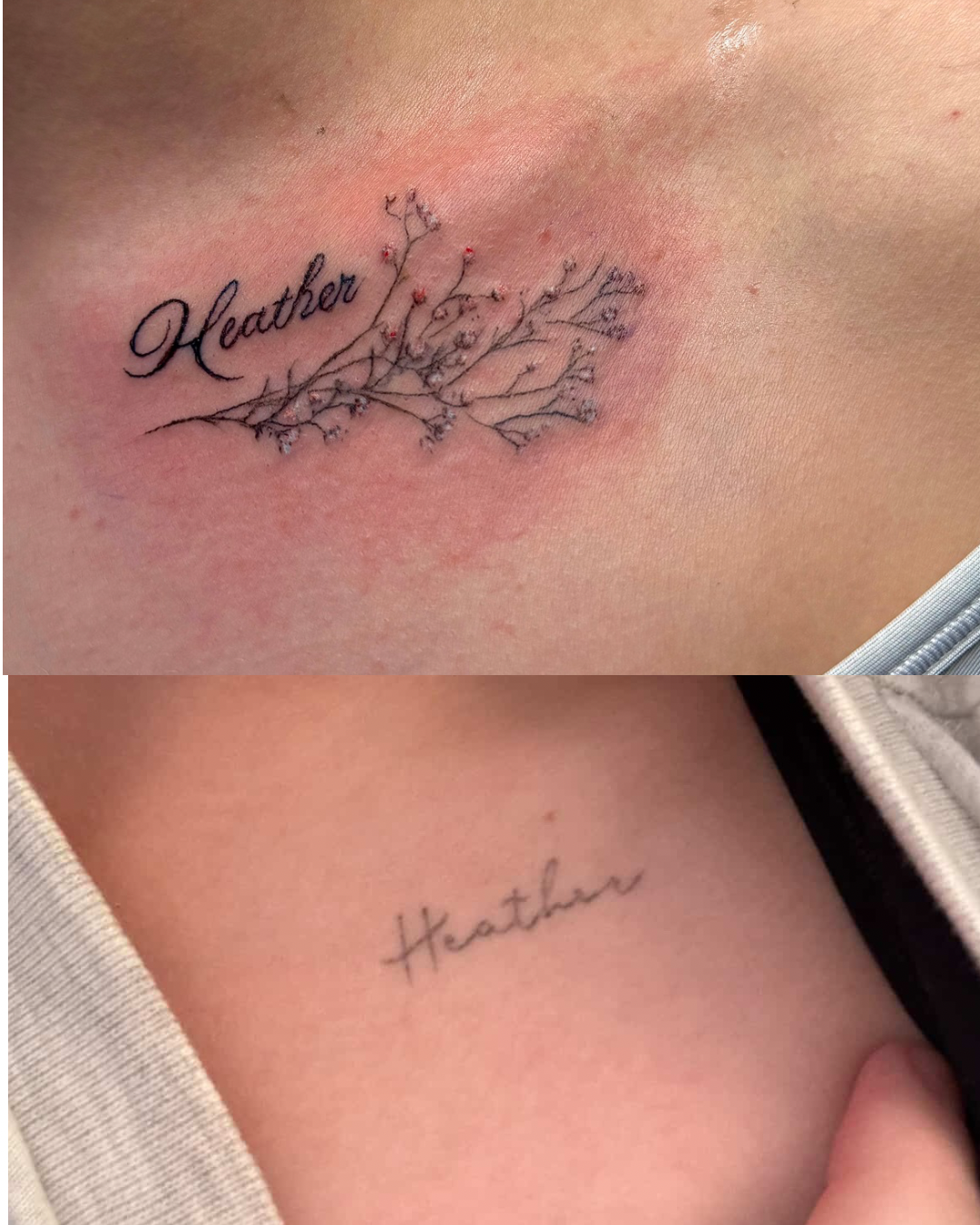 Two tattoos of the name Heather; the first is a cursive word with a delicate, detailed branch and small flowers or berries underneath, and the second is a simple, minimalistic cursive script.