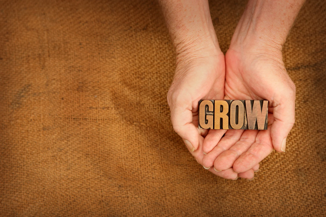 Hands holding a wooden block with the word 'GROW' on it, resting on a brown textured surface.