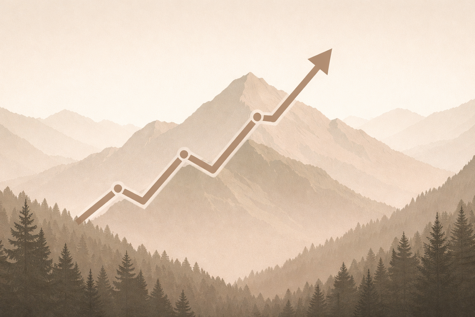 Illustration of a rising graph line over a mountain range background, depicting growth or progress.