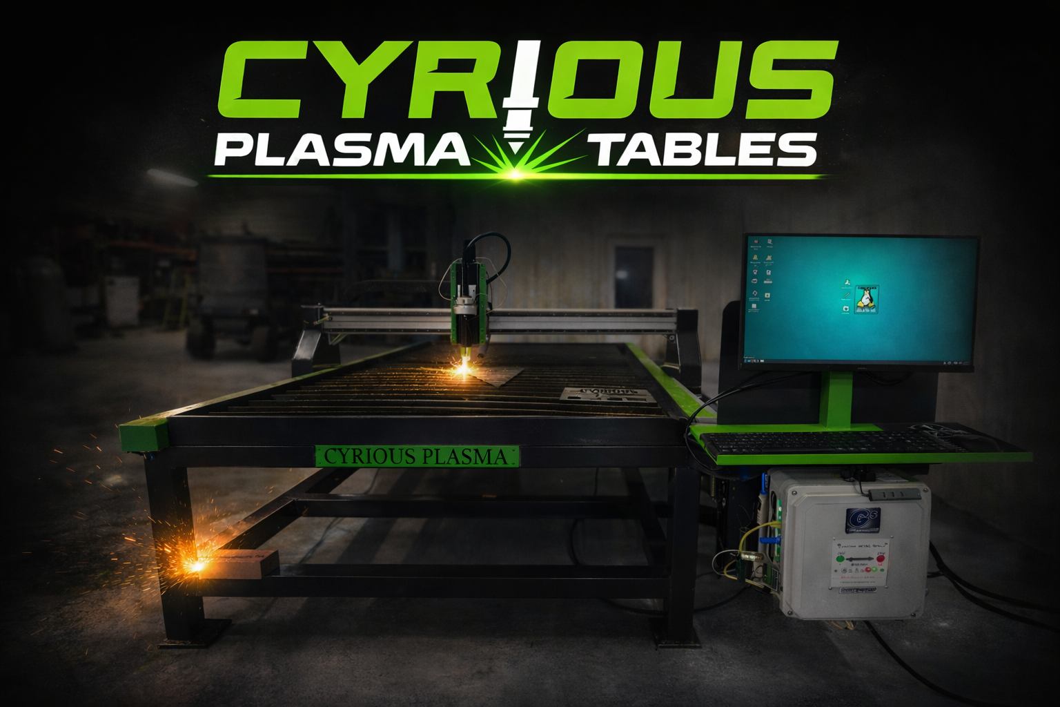 A plasma cutting machine labeled 'CYRIOUS PLASMA' in a workshop. It features a computer monitor, a keyboard, and a control unit. The plasma torch is cutting through metal, emitting sparks and bright orange light.