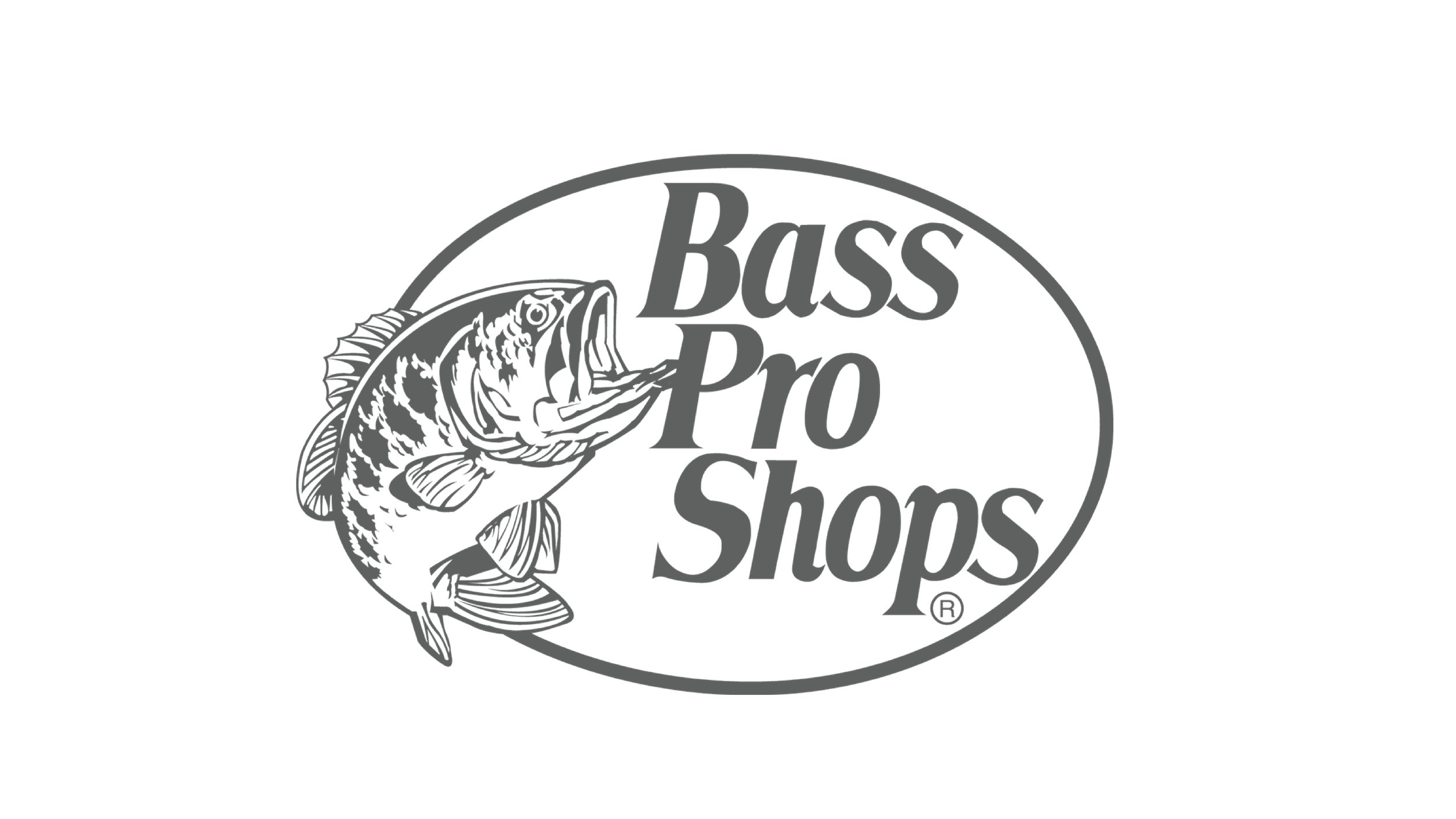 Grayscale logo for Bass Pro Shops featuring a fish and the text 'Bass Pro Shops'.