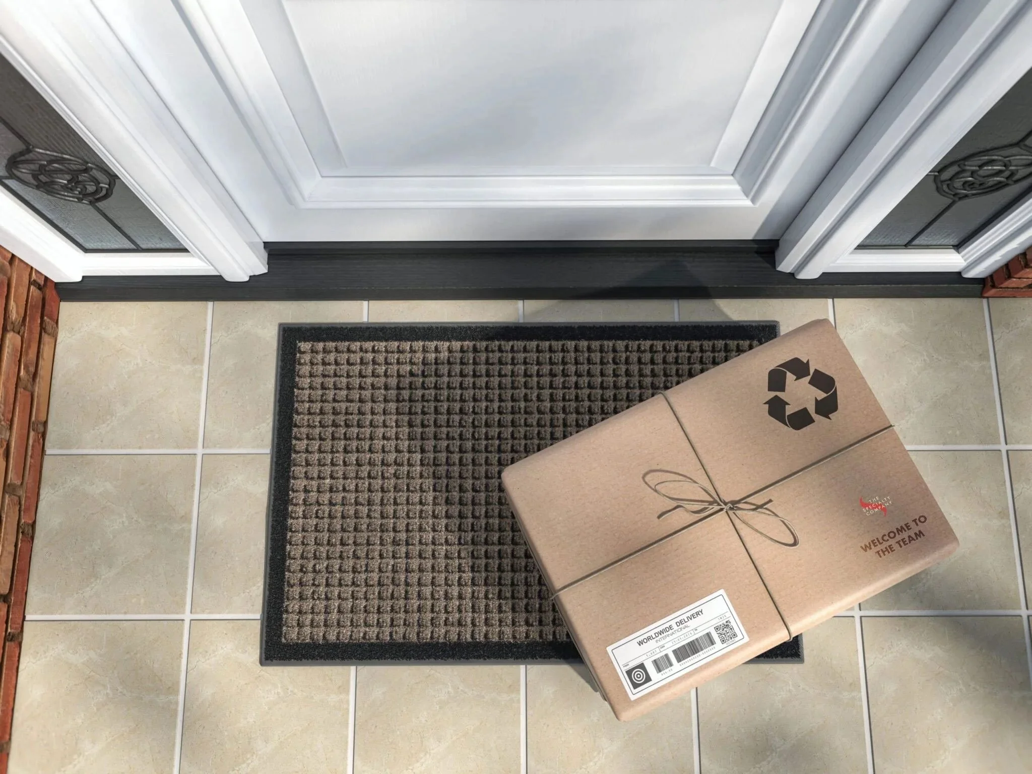A cardboard box with a package label and a welcome message on top, placed on a black doormat at the entrance of a house. There is a white door with vents on either side in the background. A portion of a brick wall and tiled floor are also visible.