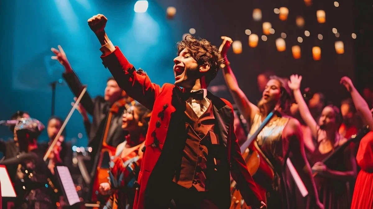 A young man in a red tuxedo leading an orchestra, with his arm raised joyfully, surrounded by female musicians holding violins, in a concert hall with dim lighting and hanging lanterns.