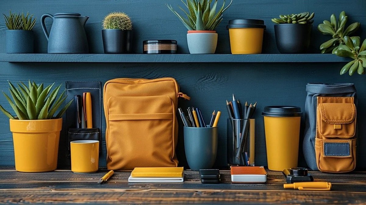 Arrangement of office supplies and plants on a wooden surface with a blue wall background. Contains yellow and blue pots with succulents and cacti, a yellow backpack, notebooks, pens, and a variety of reusable cups and containers in yellow and blue.
