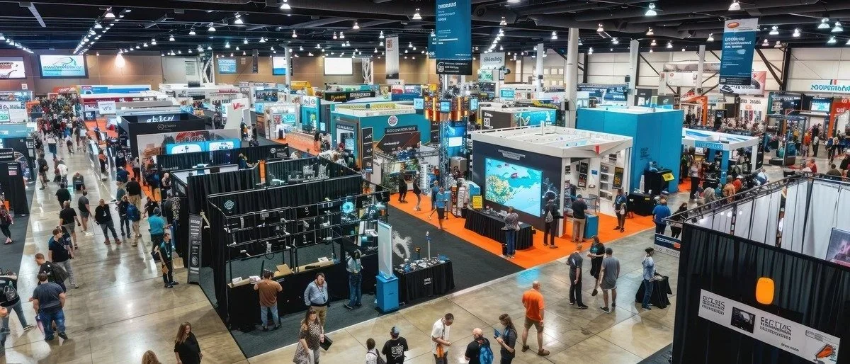A busy trade show with numerous booths and displays, including a large screen with underwater imagery, surrounded by various exhibits and many attendees walking through.