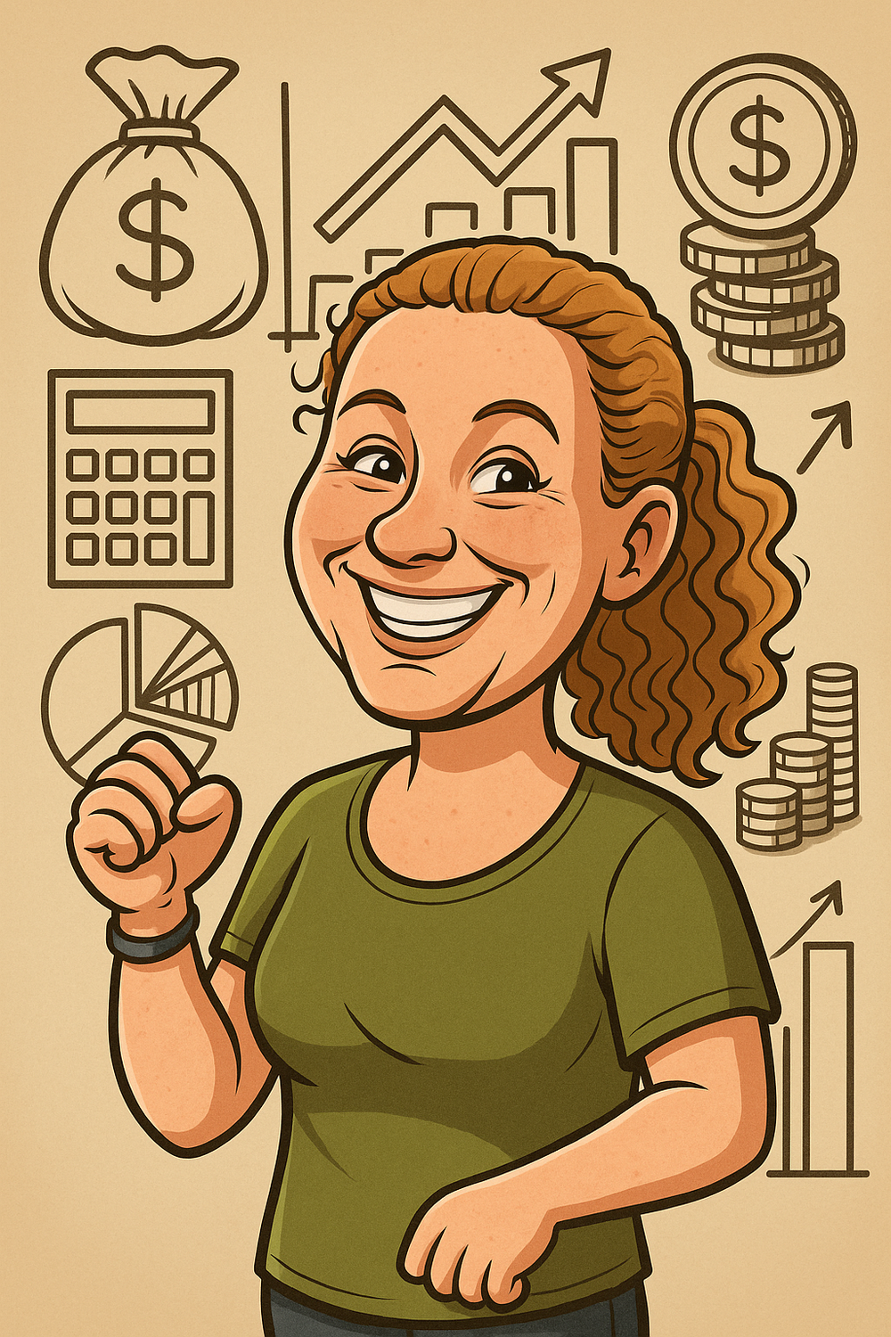A cartoon woman with curly hair smiling, holding a pie chart. Around her are financial illustrations including a money bag, stacked coins, a calculator, a line graph, and upward arrows indicating growth.