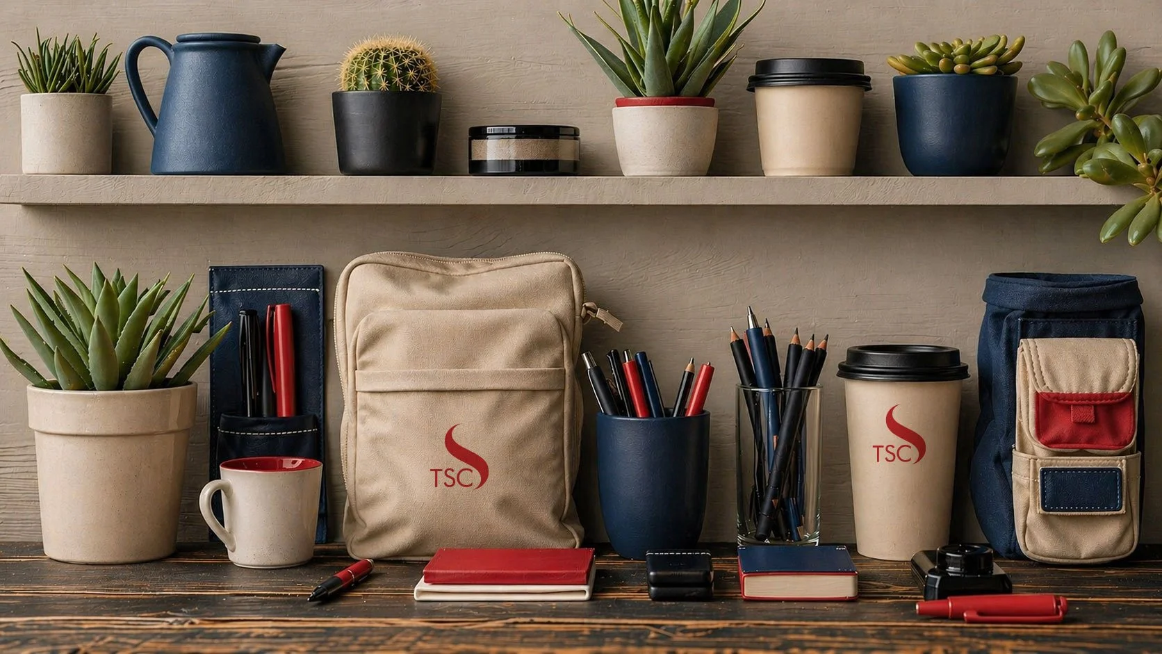 Office desk with potted plants, notebooks, pens, mugs, and storage bags, with a shelf above holding more potted succulents and cacti.