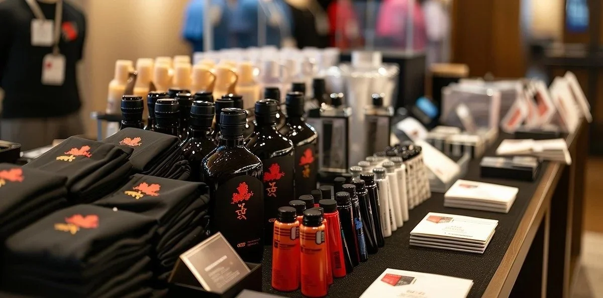 Display of clothing and accessories featuring a black and red logo, including water bottles, bottled beverages, and stacks of cards or pamphlets on a retail table.