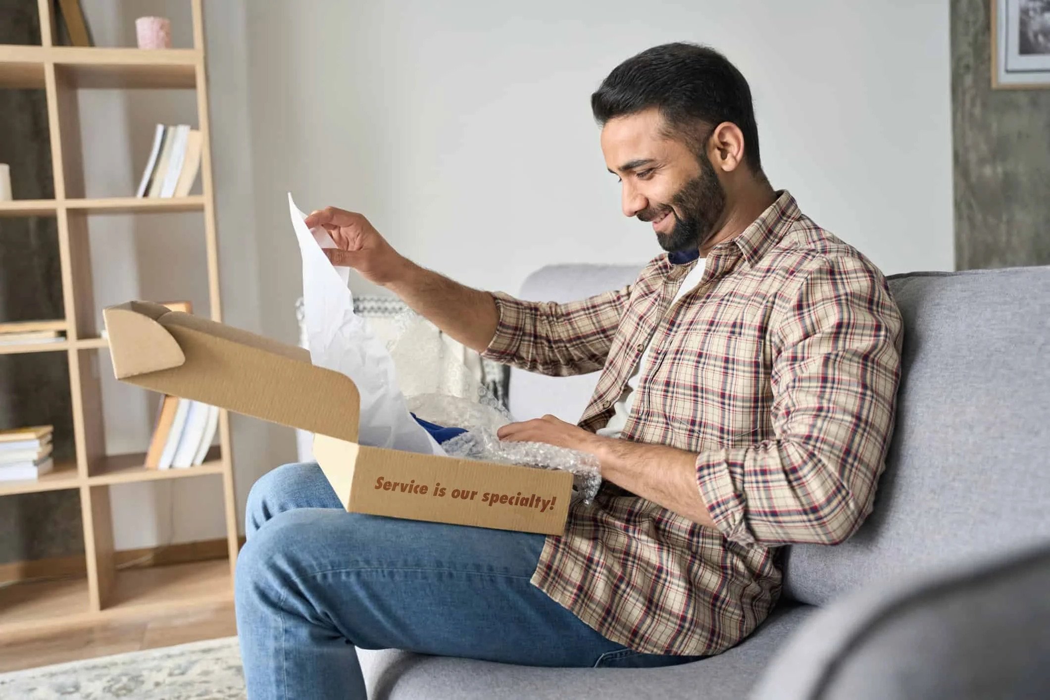 A man with dark hair and a beard, wearing a plaid shirt, sitting on a gray couch, opening a cardboard box with some packing material inside.