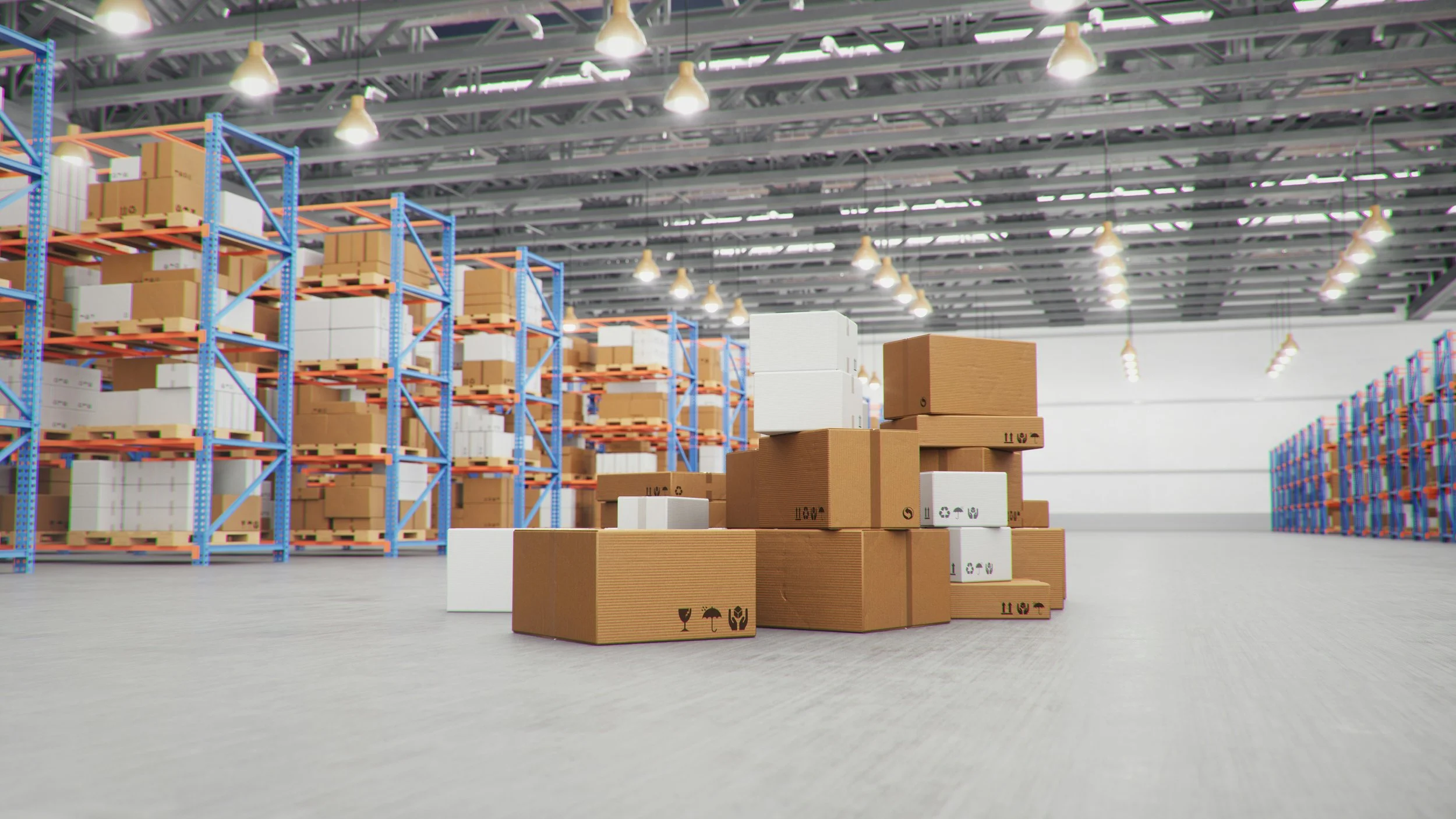 Warehouse with shelves filled with boxes and packages, some stacked on the floor, illuminated by overhead industrial lights.