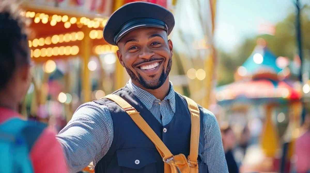 A young man smiling at an amusement park, wearing a navy cap, vest, and checked shirt, with a backpack on his shoulders. The background is filled with colorful rides and bright lights.