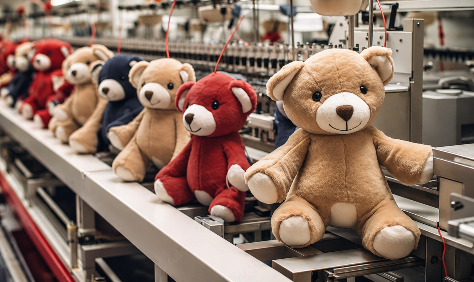 A row of teddy bears on an industrial conveyor belt in a factory, with the teddy bears in various colors like beige, red, and navy blue.