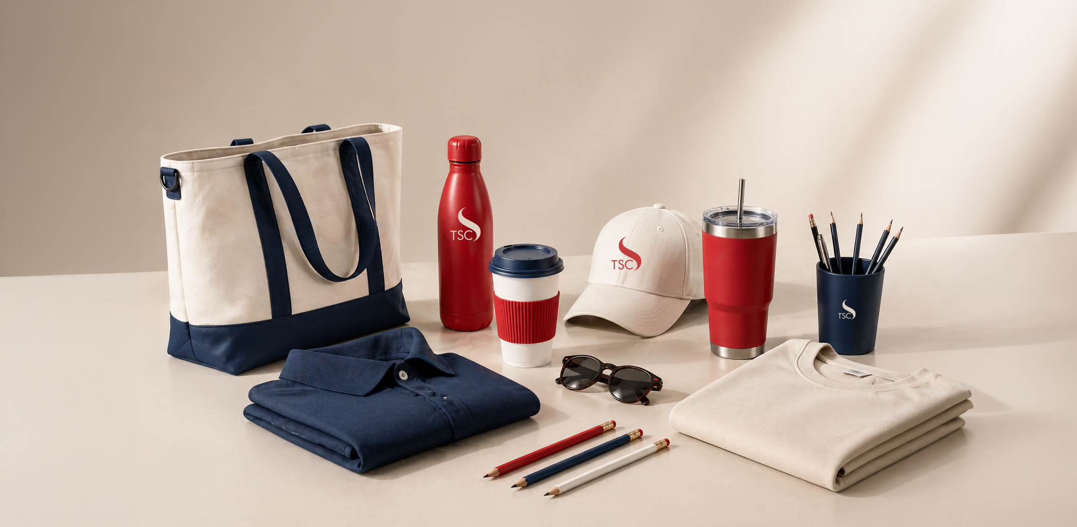 Collection of branded accessories and clothing including a tote bag, water bottles, coffee cups, sunglasses, baseball cap, neatly folded shirts, pencils, pens, and a sweatshirt.