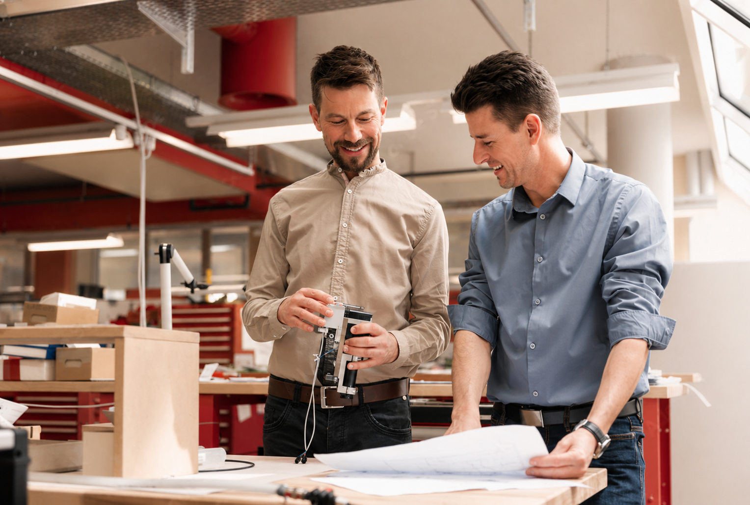 Two men working together in a workshop or lab, one holding a small machine part and the other looking at blueprints, both smiling.