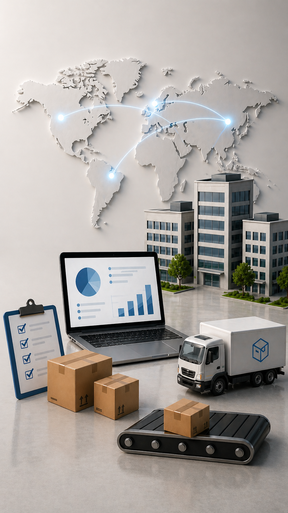 A model of global logistics with cardboard boxes on a conveyor, a delivery truck, a laptop displaying charts, and a world map with connected dots representing international connections, set in a modern office environment.