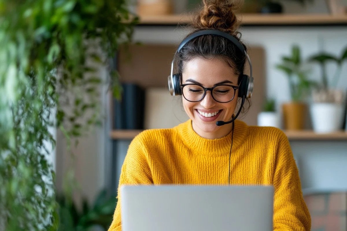 A woman with glasses and a yellow sweater wearing a headset with a microphone, sitting at a desk with a laptop, smiling, with green plants in the background.
