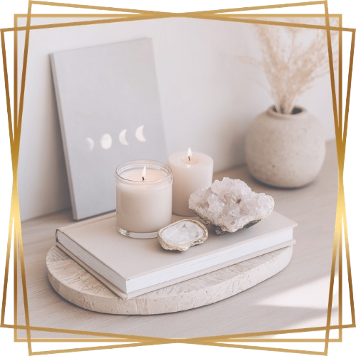 Mindfulness Holistic Therapy Candles and Crystals Sitting on Journal and Tray Phases of Moon Notebook and Plant in Background Gold Frame
