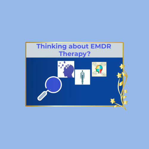 Screenshot of EMDR International Association: What Is EMDR Therapy? Slide Deck showing a Dark Blue background and 3 Images of a Man and a Magnifying Glass