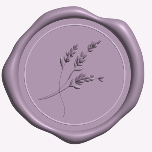 Round purple wax seal with lavender plant detail