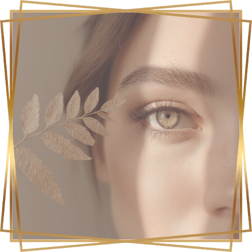 Eye-Movement Desensitization and Reprocessing EMDR Therapy Icon Closeup of Woman Eye and Eyebrow with a Gold Leaf and Frame