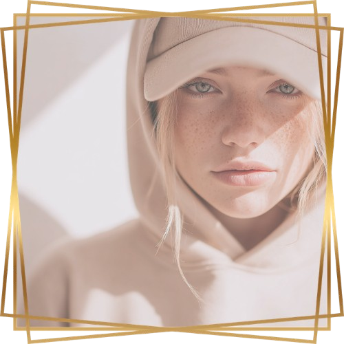 Young Adult teen blonde girl in cream colored hat and sweatshirt with hoodie up looking at camera