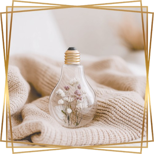 Cognitive Behavioral Therapy Icon Upside Down Lightbulb with Flowers Inside Resting on a Beige Sweater in a Gold Frame