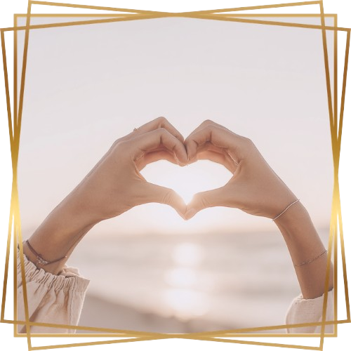 Walk and Talk Therapy Icon Tanned Hands Creating Heart Shape at Beach in Gold Frame
