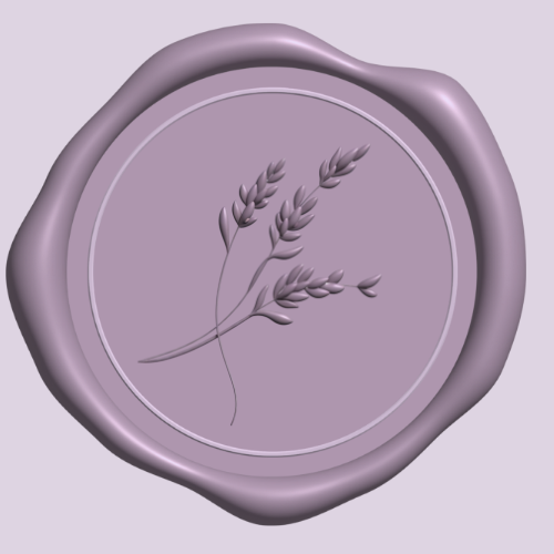 Round purple wax seal with lavender plant detail