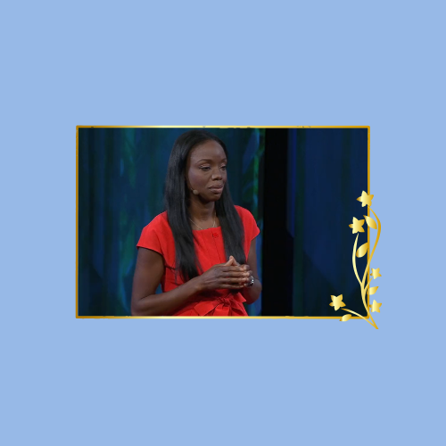 Screenshot of Nadine Burke Harris in a Red Dress Giving her Ted Talk How Childhood Trauma Affects Health Across a Lifetime in front of a Blue and Green Background