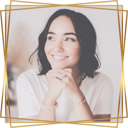 Internal Family Systems Therapy Icon Woman with Black Hair Looking Up and Smiling Resting her Chin in Hands in Gold Frame