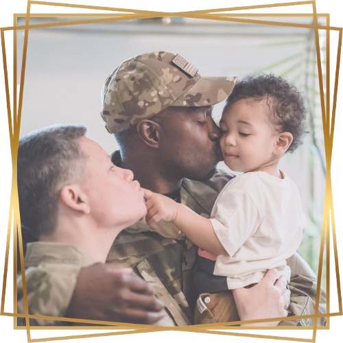 service members and family military family black man white woman with short hair and their child kissing