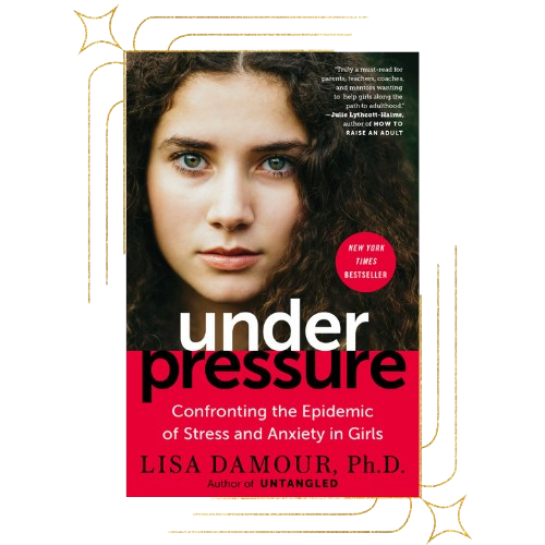 Cover of Under Pressure Book by Lisa Damour Face of a Woman with Dark Curly Hair and a Red Cover