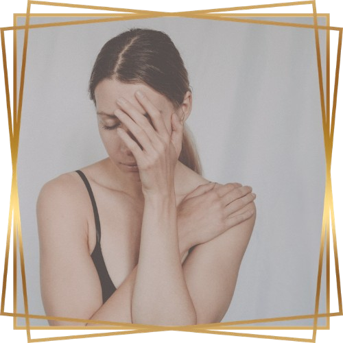 Sexual trauma icon Young Woman brown hair black tank top hand covering her face other hand crossed over her chest to elbow