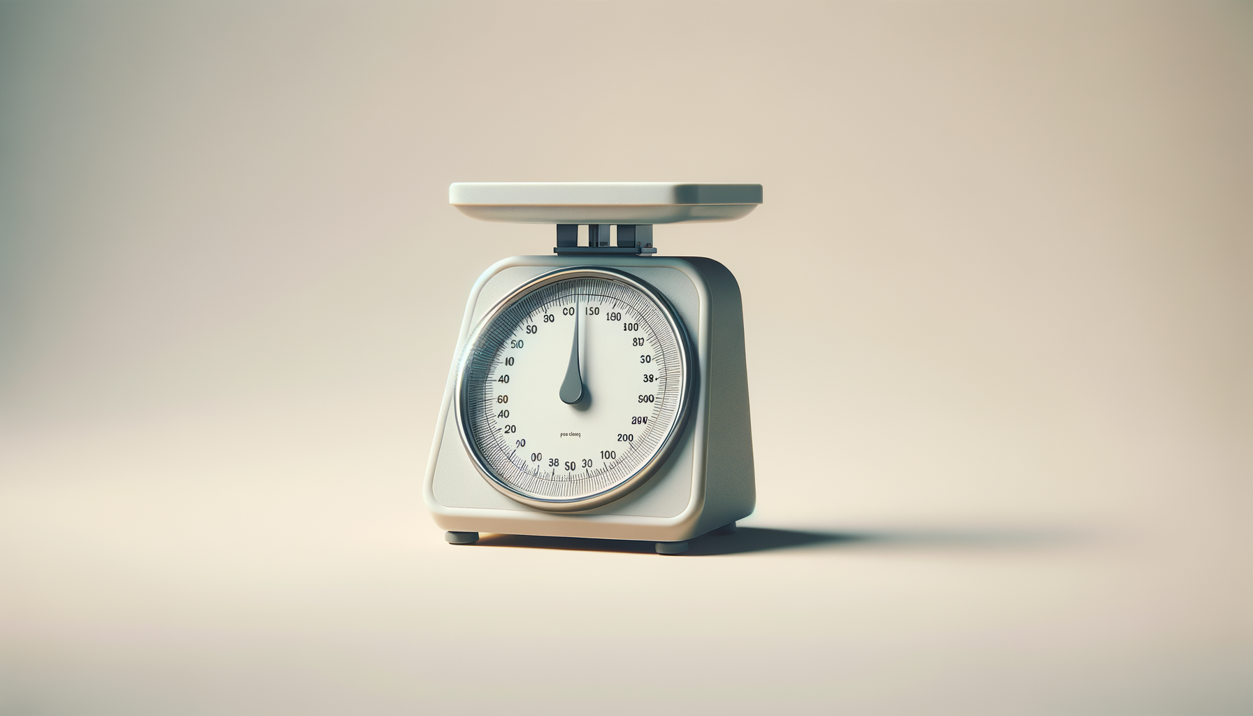 A white kitchen scale with a circular dial showing weight measurements and a flat weighing surface on top, placed on a plain surface with a light-colored background.