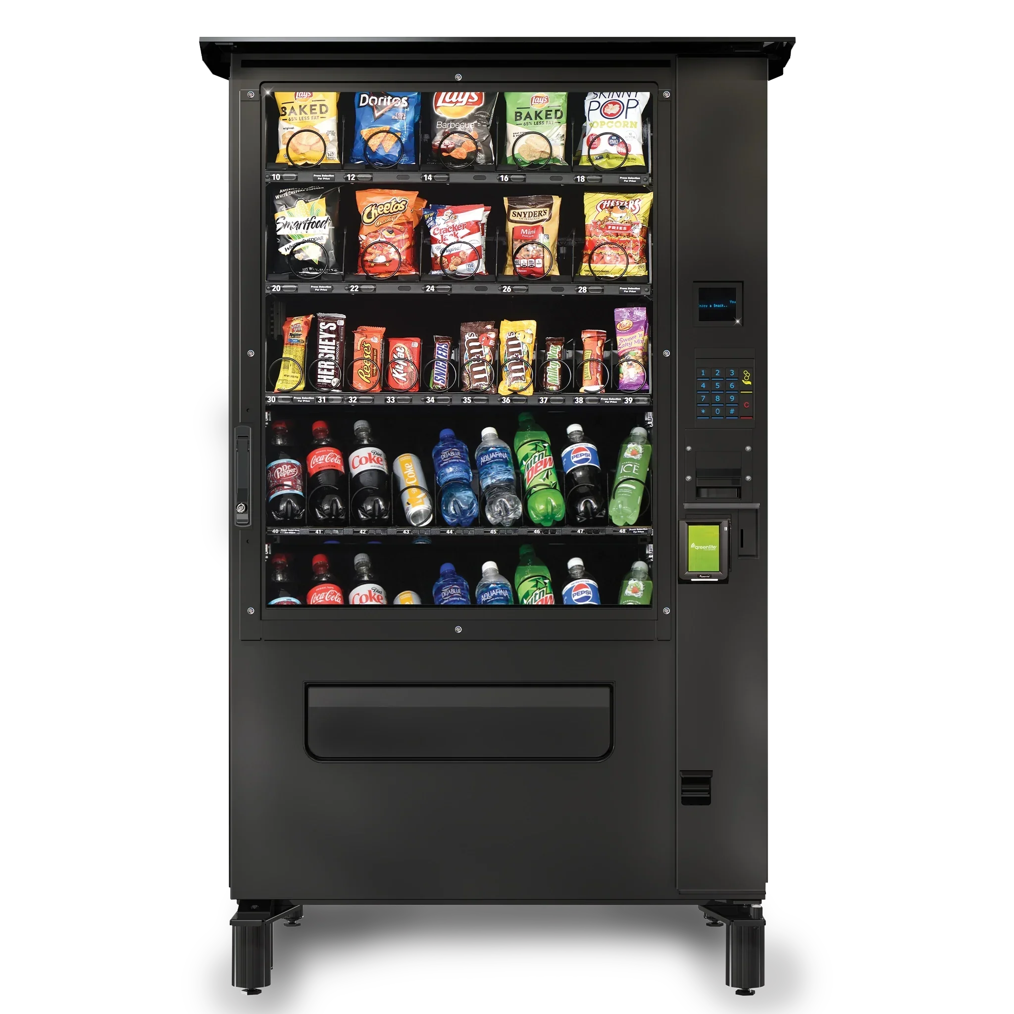 Vending machine stocked with snacks and beverages, including chips, candy bars, and bottled sodas.