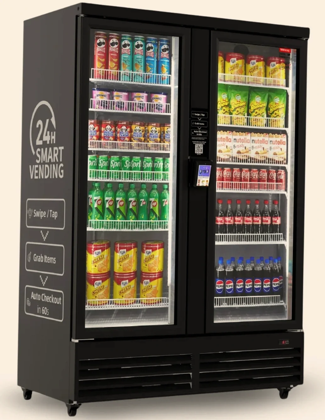Double-door smart vending machine stocked with snacks and beverages, including chips, Nutella, soda, and water bottles.