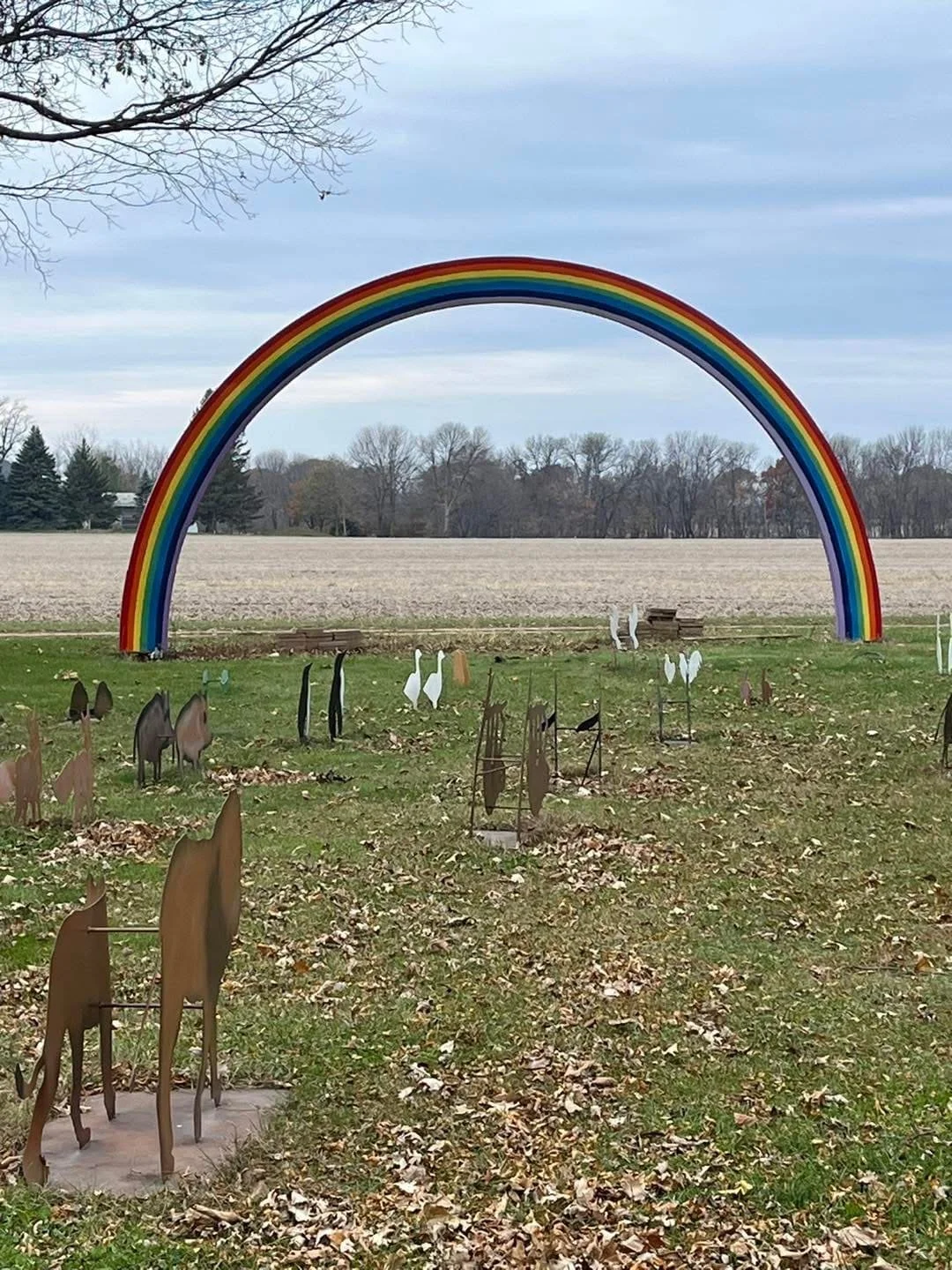 Art installation in a park featuring metal animal sculptures, including llamas and swans, with a large rainbow arch in the background and an open field under a cloudy sky.