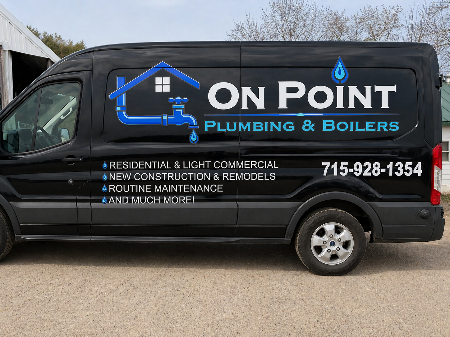 Black service van with logo and text for 'On Point Plumbing & Boilers,' featuring a house with a pipe and water drop graphic, and listing services like residential, commercial, new construction, remodels, and maintenance, with phone number 715-928-1354.