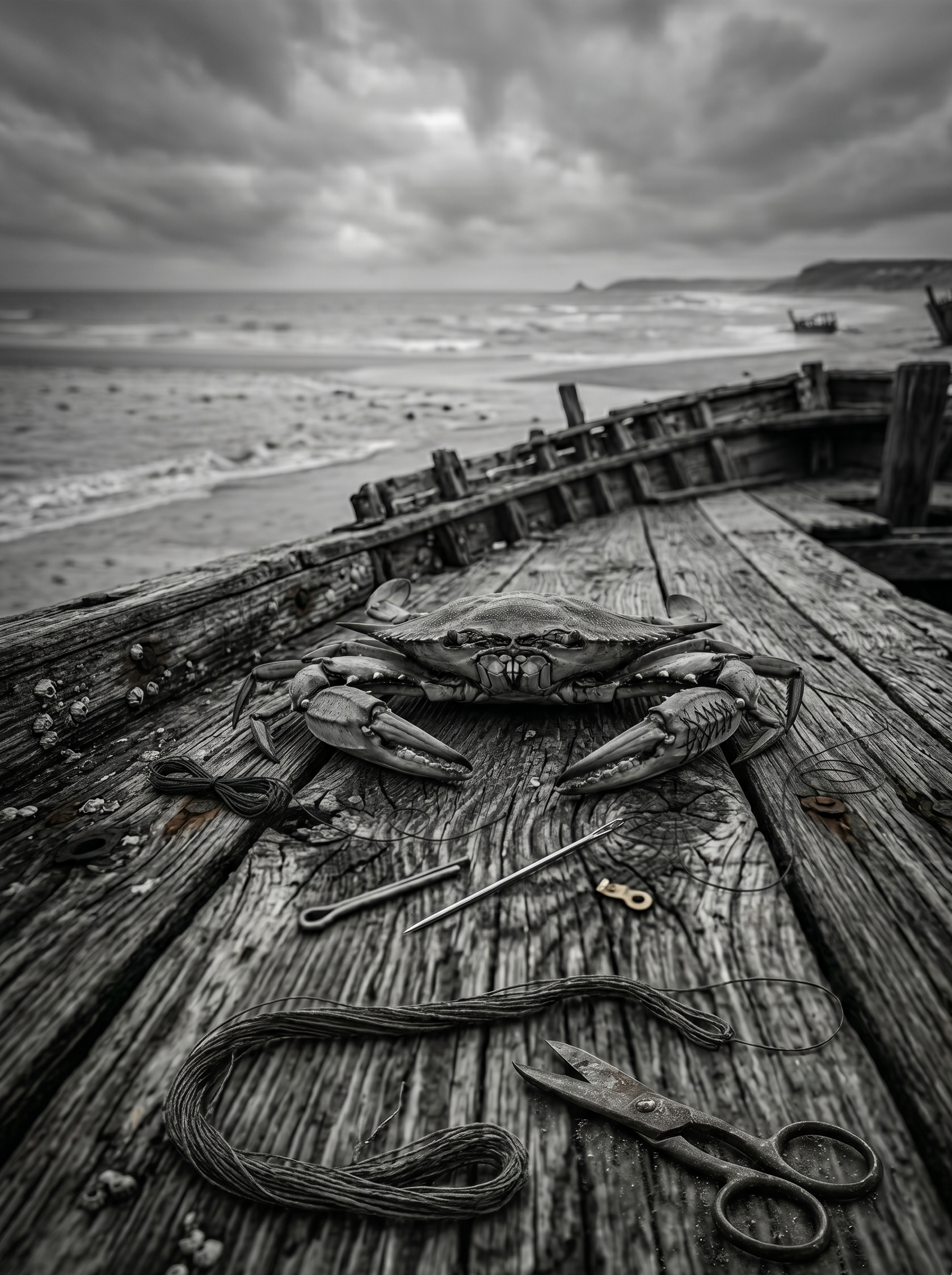 A crab on a weathered wooden pier, with a beach and ocean in the background under cloudy skies, in black and white.