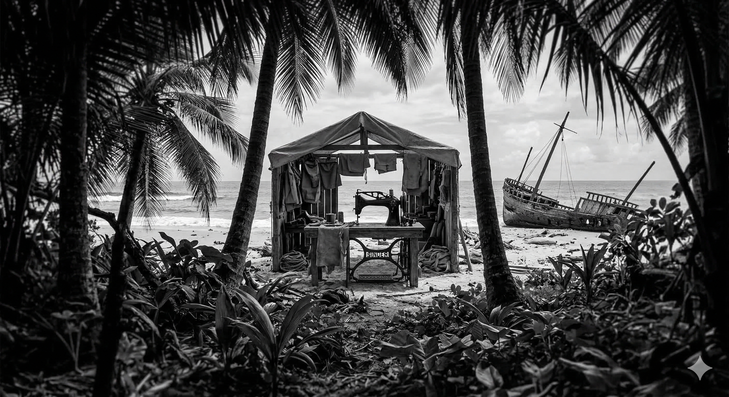 A beach scene with palm trees surrounding a small makeshift sewing shop, with an old shipwreck in the background.