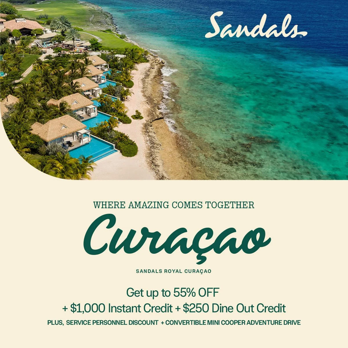 Aerial view of beachfront villas with swimming pools along a sandy shoreline, next to clear turquoise water, with green landscaping and a golf course in the background. Overlaid text promotes Sandals Royal Curaçao and discounts.