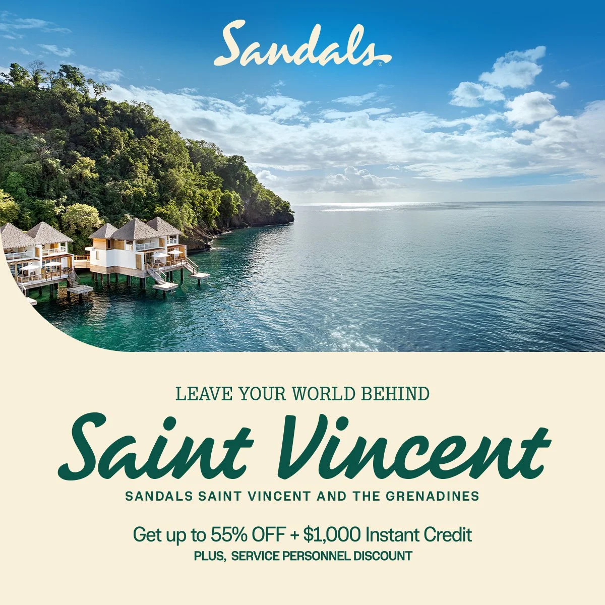 A scenic view of overwater bungalows with thatched roofs on stilts in a clear blue ocean, with a green hillside on the left and a partly cloudy sky above. Promotional text overlays the image, advertising Saint Vincent and the Grenadines travel deals.